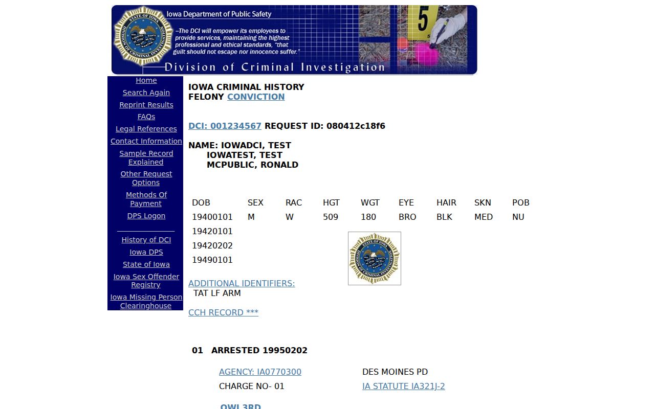 Humboldt County arrest record fields in the DCI sample result